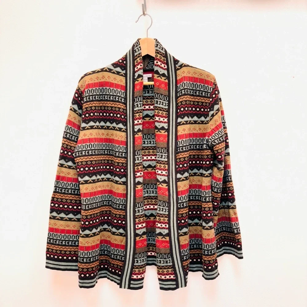 Two Star Dog Aztec Navajo Print Open Front Knit Cardigan Pima Cotton Boho Medium